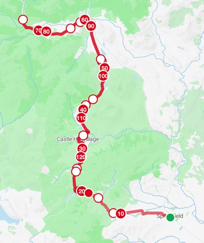 Main Divide course map showing the route from Springfield through Castle Hill and the high country.